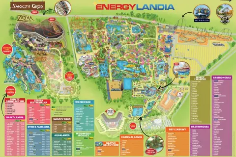 Mapa Energylandii pokazuje jej ogromny teren, na którym znajduje się wiele atrakcji. Park zajmuje wiele hektarów, oferując rozrywkę dla całej rodziny.