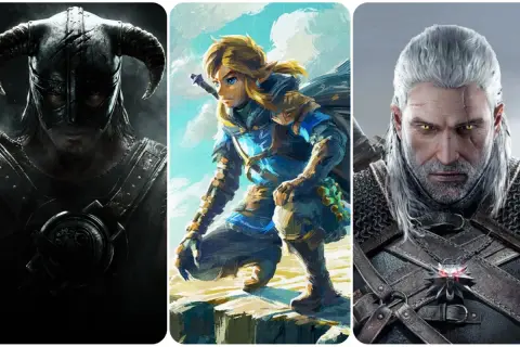 Trzy postacie z gier: wojownik z hełmem z rogami, Link z The Legend of Zelda i Geralt z Wiedźmina. To najlepsze gry singleplayer.