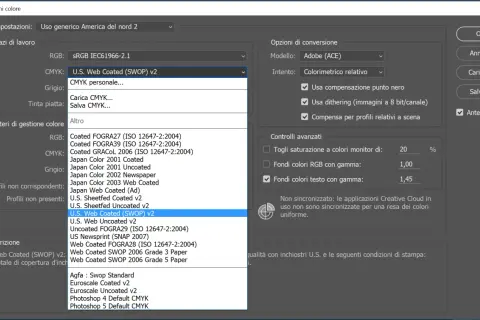 Finestra di dialogo "Impostazioni colore" con il menu a tendina CMYK aperto, che mostra "U.S. Web Coated (SWOP) v2" selezionato, un profilo colore comune per la stampa.