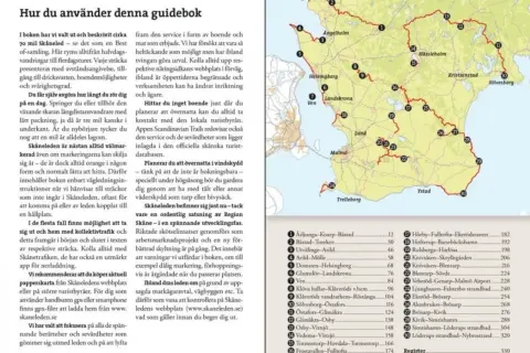 Karta över Skåne med markerade etapper av Skåneleden. Texten beskriver hur man använder guideboken.