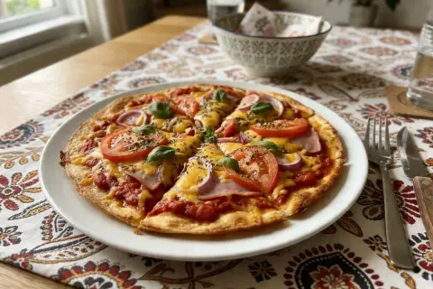 Pyszna pizza z tortilli z pomidorami, szynką i serem, udekorowana bazylią. Idealna na szybki obiad.