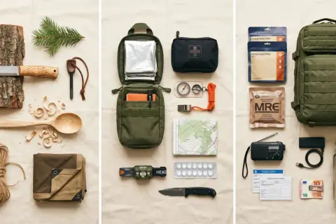 Kit de supervivencia con cuchillo, yesca, mapa, brújula, botiquín, raciones, radio y mochila. Todo el material bushcraft esencial para la aventura.