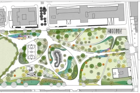 Progetto di riqualificazione urbana con aree verdi, campi sportivi e percorsi pedonali. La **superficie fondiaria** è dettagliata con piante e arredi.