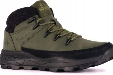 Zielone buty trekkingowe BUSTAGRIP z czarną podeszwą i sznurówkami. Idealne na górskie wyprawy.