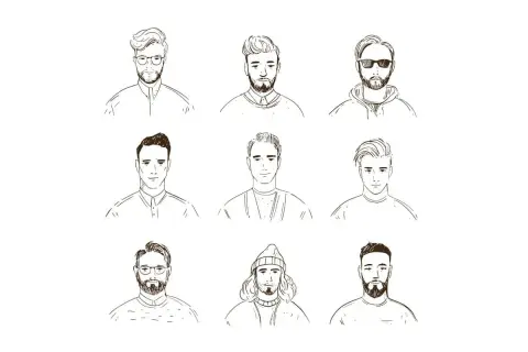 Neuf portraits d'hommes, certains avec une barbe, aux styles variés.