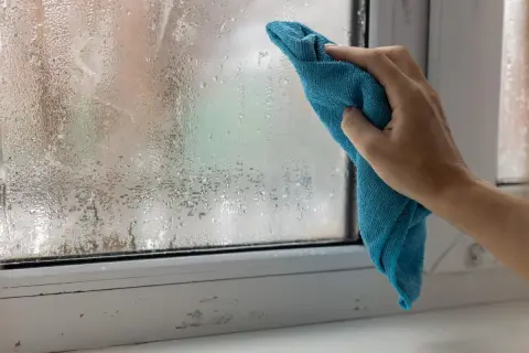 Dłoń z niebieską ściereczką wyciera zaparowane okno, pokazując jak obniżyć wilgotność w domu.