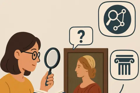 Une femme examine un portrait avec une loupe, explorant l'iconographie. Des bulles de pensée montrent un point d'interrogation, une colonne et un réseau.