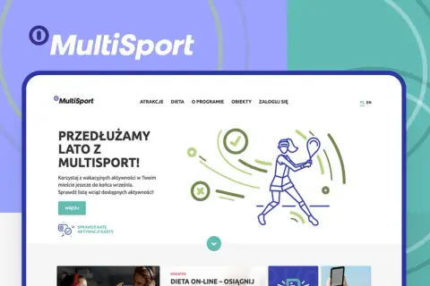 Grafika przedstawia kobietę grającą w tenisa, z logo MultiSport i tekstem "Przedłużamy lato z Multisport!".