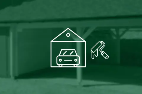 Icona stilizzata di un'auto in un garage con un rullo da pittura, suggerisce l'idea di verniciare tetto auto con bomboletta.