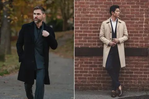 Uomo con abbinamento cappotto nero e completo gessato, e un altro uomo con trench beige e completo blu.