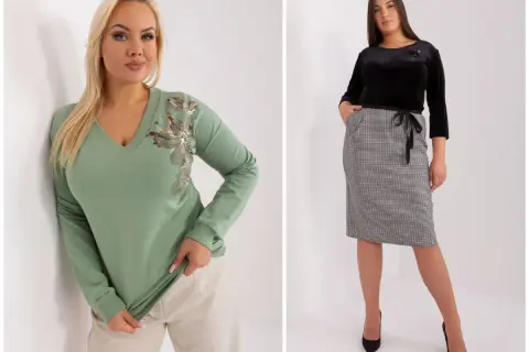 Dwie kobiety plus size prezentują stylowe kreacje. Jedna w zielonej, seksownej bluzce plus size z ozdobnym haftem, druga w czarnym topie i eleganckiej spódnicy w kratę.