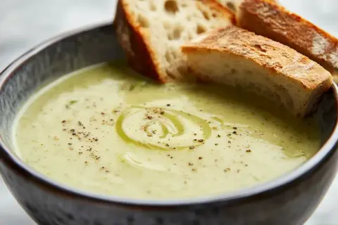 Krämig broccolisoppa med en virvel av olivolja och nymalen svartpeppar, serverad med rostat surdegsbröd. Ett perfekt broccolisoppa recept för en kall dag.