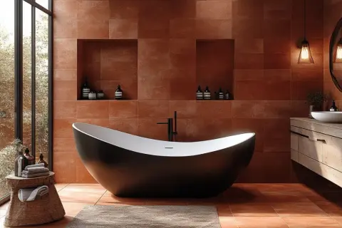 Élégante salle de bain tomette avec baignoire noire, lavabo en bois et grande fenêtre donnant sur la nature.