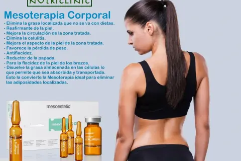 Mujer con espalda descubierta, mostrando resultados de mesoterapia abdominal. Productos de mesoterapia en primer plano.
