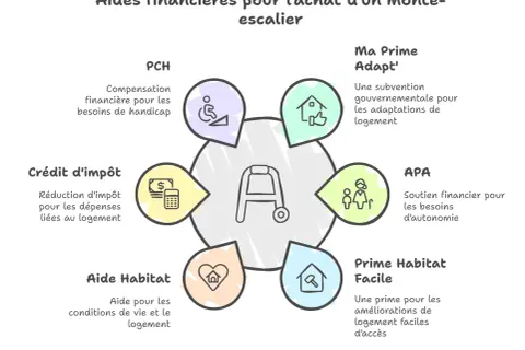 Schéma illustrant différentes aides financières pour l'achat d'un monte-escalier.