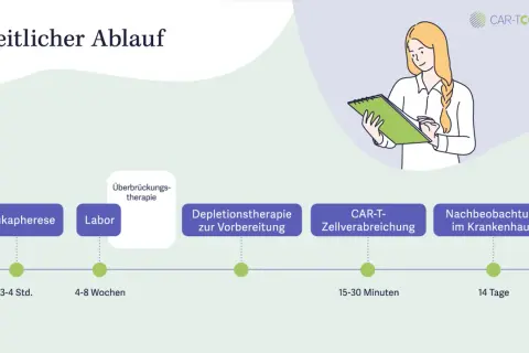 Zeitlicher Ablauf der CAR-T-Zelltherapie in Deutschland: Von der Leukapherese über Laborarbeiten und Vorbereitung bis zur Verabreichung und Nachbeobachtung.