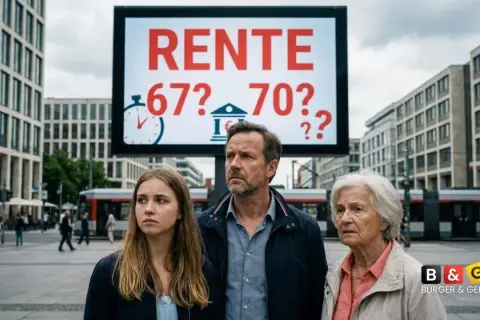Drei Menschen blicken nachdenklich auf eine Anzeige, die über das Renteneintrittsalter 70 diskutiert.