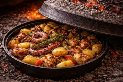 Ośmiornica z ziemniakami i rozmarynem, pieczona pod żelazną pokrywą. To jedno z dań, co się je w Chorwacji, przygotowane tradycyjnie na ogniu.