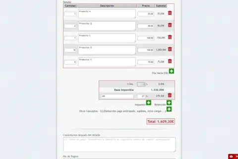 Detalle de productos con cantidades, precios y subtotales. La base imponible es 1.330,00€, el IVA 279,30€, sumando un total de 1.609,30€. El proforma significado se refleja en este resumen.