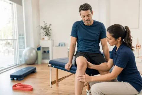 Fizjoterapeutka pomaga mężczyźnie w ćwiczeniach rehabilitacyjnych kolana.