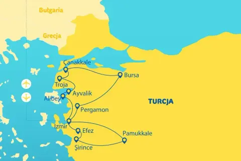 Mapa turystyczna Turcji z zaznaczonymi miastami i trasami. Widać tu Morze Egejskie, które jest częścią Morza Śródziemnego, otaczające zachodnie wybrzeże.