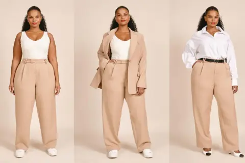 Kobieta plus size w beżowych spodniach wizytowych i różnych stylizacjach: top, marynarka, koszula.