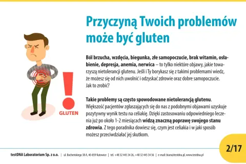 Ilustracja przedstawia mężczyznę z bólem brzucha, symbolizującym problemy związane z nietolerancją glutenu.