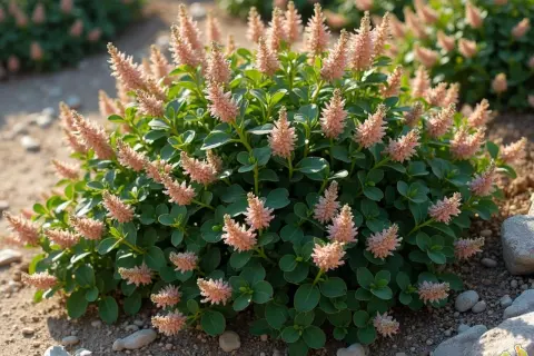 Un buisson de ceanothe rampant aux fleurs roses pâles, avec des feuilles vertes foncées et un sol caillouteux.