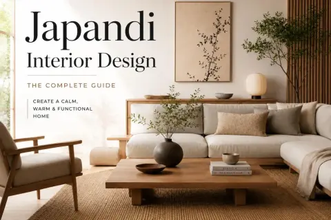 A serene living room embodying Japandi style, featuring a neutral sectional sofa, wooden furniture, and minimalist art. This guide helps create a calm, warm, and functional home.