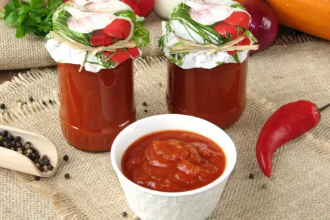 Domowy ketchup z cukinii w słoikach, miseczce i z papryczką chili.