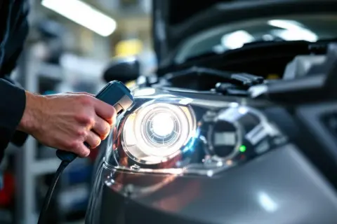 Un technicien vérifie le feu de position d'une voiture lors d'un contrôle technique, s'assurant de sa conformité.