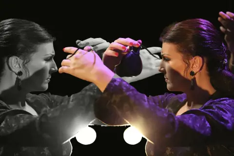 Una bailaora flamenca, con su elegante vestido, hace sonar la cachucha.
