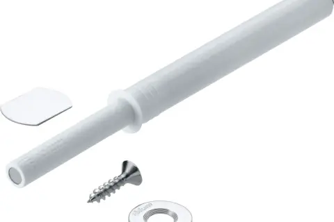 System tip on: biały mechanizm push-to-open Blum z magnesem, śrubą i blaszką.