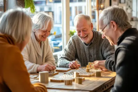 Quatre seniors souriants jouent aux dominos, profitant de la convivialité d'un habitat participatif seniors.