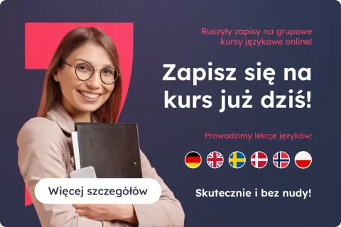 Uśmiechnięta kobieta zaprasza na kurs duńskiego. Zapisz się już dziś na skuteczne lekcje online!