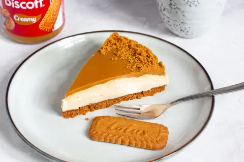 Ein Stück cremiger Biscoff Cheesecake mit Karamell und Keksbröseln. Perfekt für Ihr nächstes Biscoff Cheesecake Rezept!