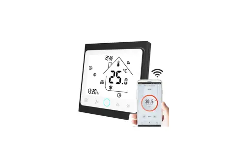 Thermostat intelligent notice thermostat Tuya, affichant 25.0°C et connecté à un smartphone.