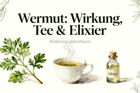 Wermut: Wirkung, Tee & Elixier. Eine Wermut Pflanze neben einer dampfenden Tasse Tee und einem Elixier.