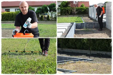 Mężczyzna przygotowuje opryskiwacz, by zadbać o trawnik. Pokazano, jak zrobić świder do ziemi, choć tu bardziej chodzi o pielęgnację ogrodu.