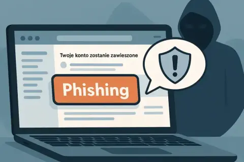 Uważaj na **niebezpieczeństwa w internecie**! Na ekranie laptopa komunikat "Twoje konto zostanie zawieszone" i przycisk "Phishing". W tle sylwetka hakera.
