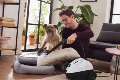 Mann reinigt Kissen mit Dampfreiniger, während Hund zusieht. Eine einfache Methode für sessel reinigen hausmittel.