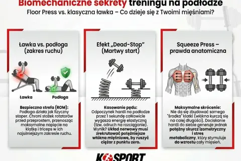 Porównanie ćwiczeń na dol klatki piersiowej: floor press vs. ławka. Grafika pokazuje zakres ruchu, efekt martwego startu i anatomiczną prawdę o squeeze press.