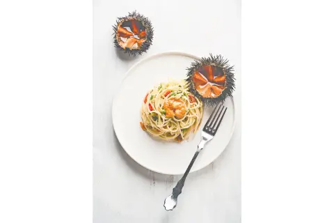 Spaghetti mit Seeigel-Soße und zwei ganze Seeigel. Entdecke, wie schmeckt Seeigel: eine delikate Meeresfrucht.