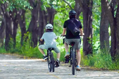 Dwie osoby na rowerach przemierzają malownicze trasy rowerowe Rzeszów, otoczone zielenią drzew.