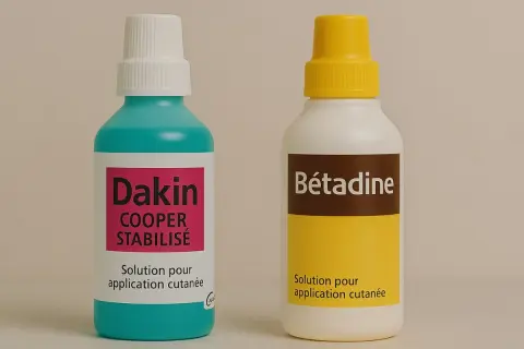 Deux flacons de produit désinfectant hopital : Dakin Cooper Stabilisé et Bétadine, solutions pour application cutanée.