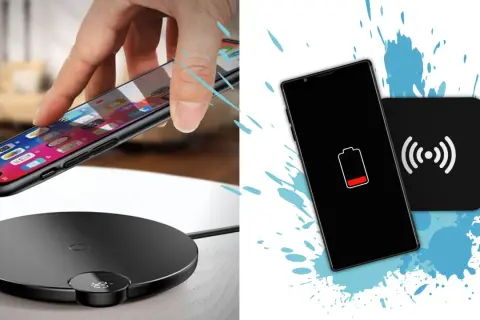 Czy Samsung A32 ma ładowanie indukcyjne? Na zdjęciu widać telefon zbliżany do ładowarki bezprzewodowej.