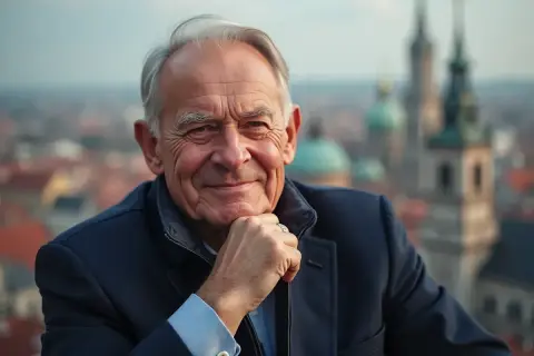 Uśmiechnięty mężczyzna z siwymi włosami, oparty podbródkiem o dłoń. W tle widać panoramę miasta. Ile lat ma Donald Tusk?