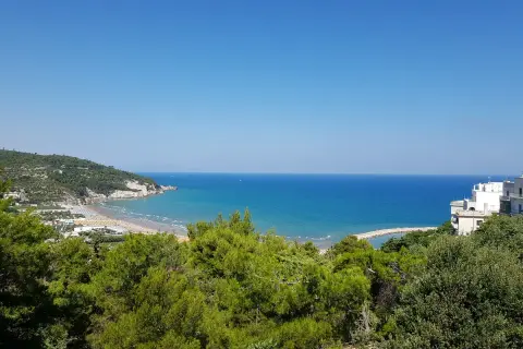Vista panoramica della baia dei trabucchi con mare azzurro, spiaggia affollata e vegetazione rigogliosa.