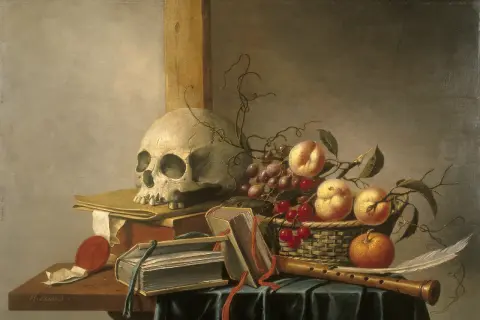 Een schedel, boeken, fruit en een fluit. Dit is een klassiek voorbeeld van wat een stilleven is: een kunstwerk dat levenloze objecten afbeeldt.