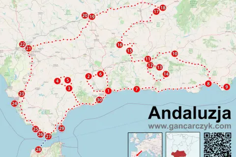 Mapa turystyczna pokazuje, gdzie leży Andaluzja, z zaznaczoną trasą i punktami widokowymi.